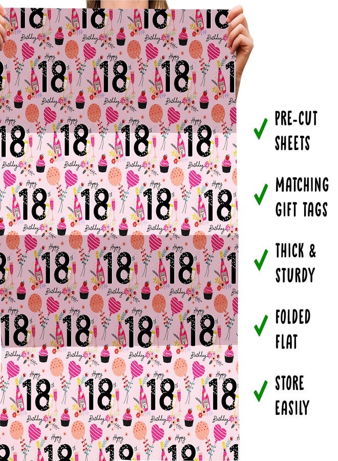 CENTRAL 23 Girls Wrapping Paper Birthday - 6 Sheets of Pink Gift Wrap - 18th Birthday Wrapping Paper for Women Her Friends - For Daughter - Age 18 - Comes with Fun Stickers - Image 5